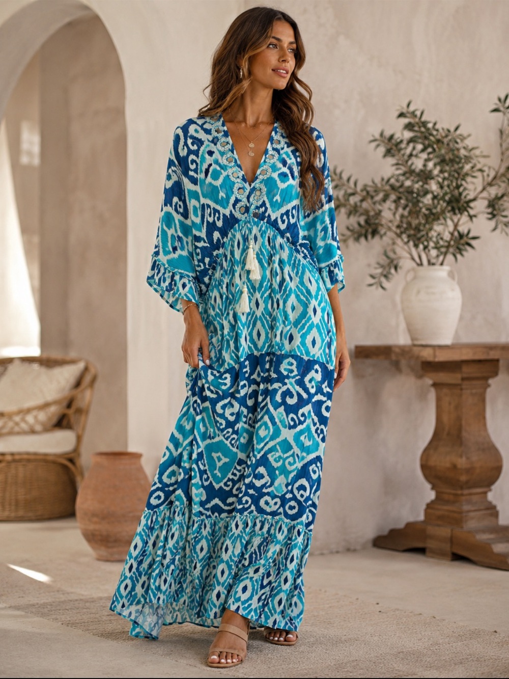 ShopEvelynne Blue & Teal Patterned V-Neck Maxi Dress